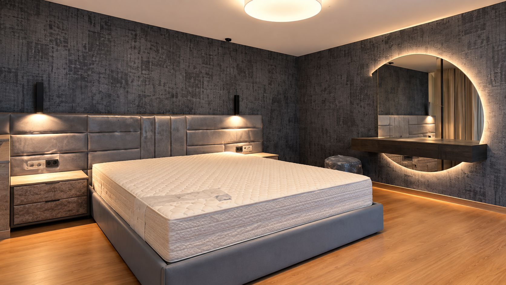 Quarto com cabeceira cinza integrada