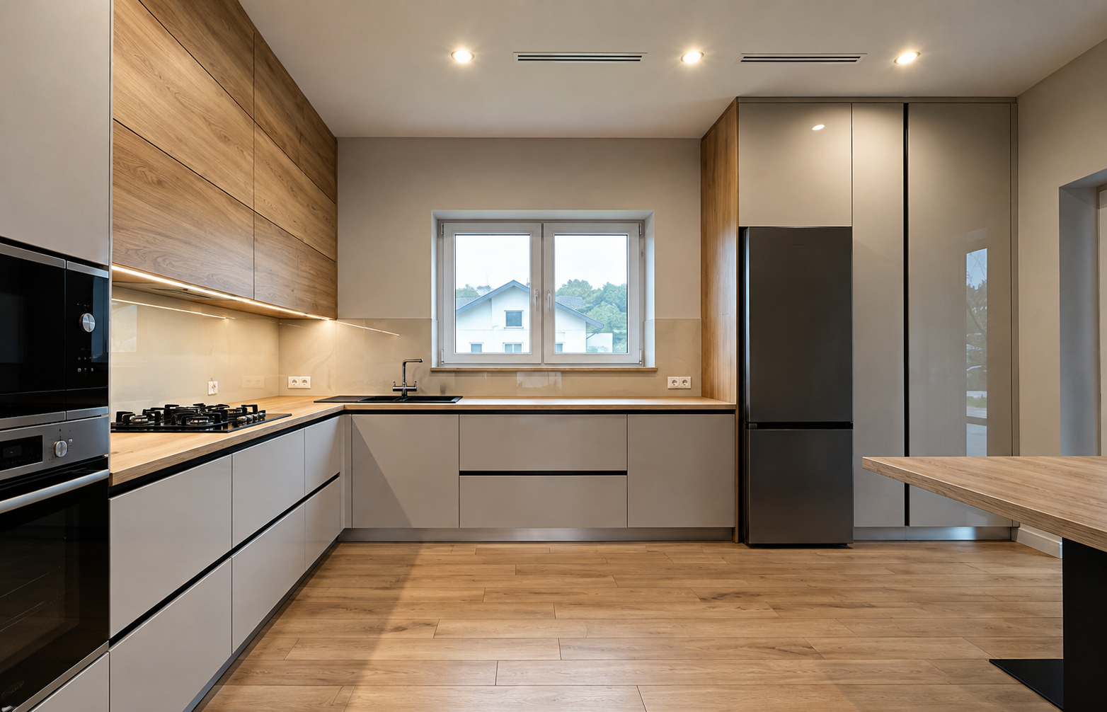 Cozinha contemporânea cinza e madeira