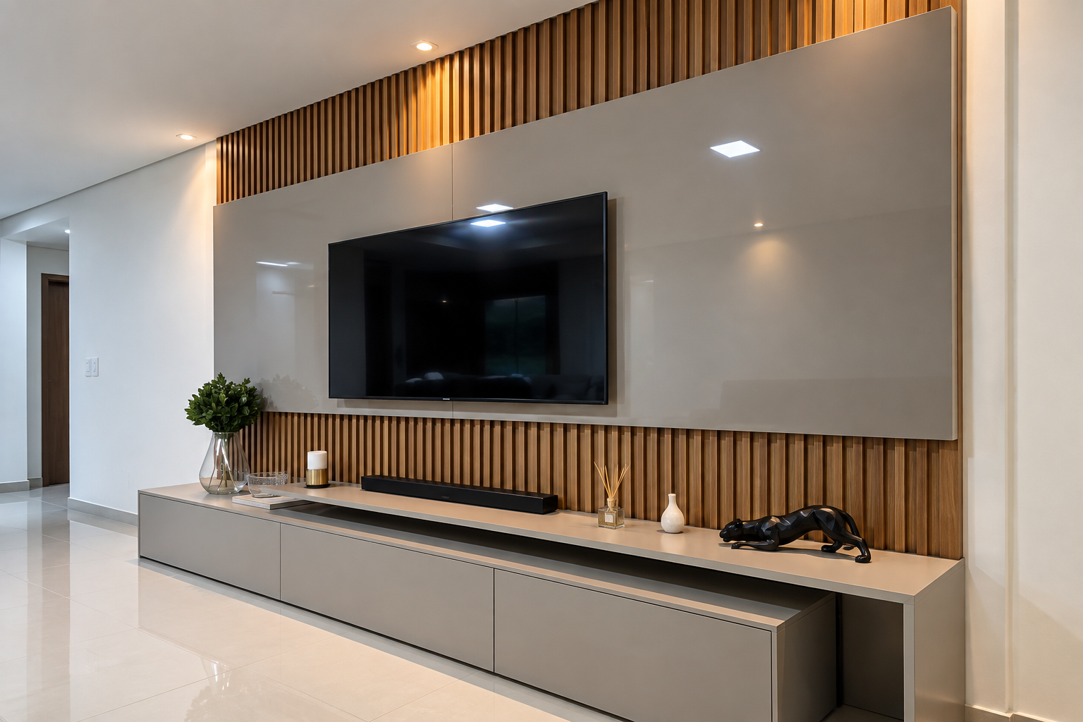 Painel de TV ripado cinza