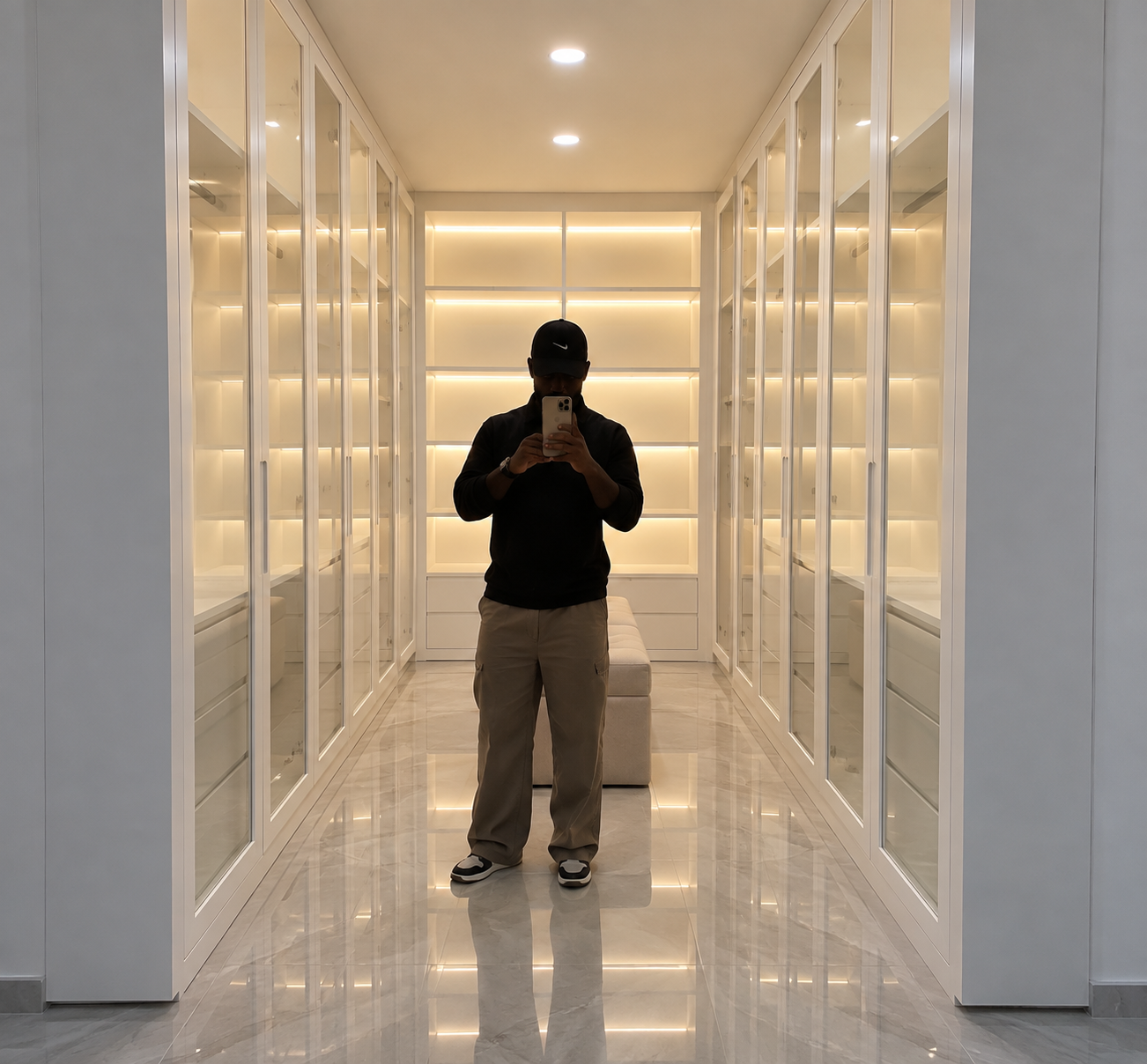 Closet iluminado com portas de vidro
